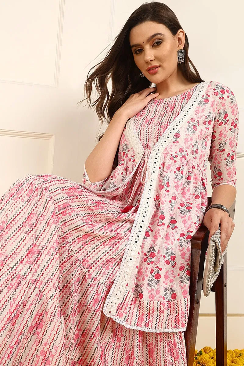 Ahika Pink Cotton Floral Printed Fit And Flare Ethnic Style Dress With Shrug