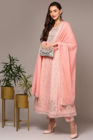 Ahika Pink Pure Cotton Embroidered Flared Suit Set