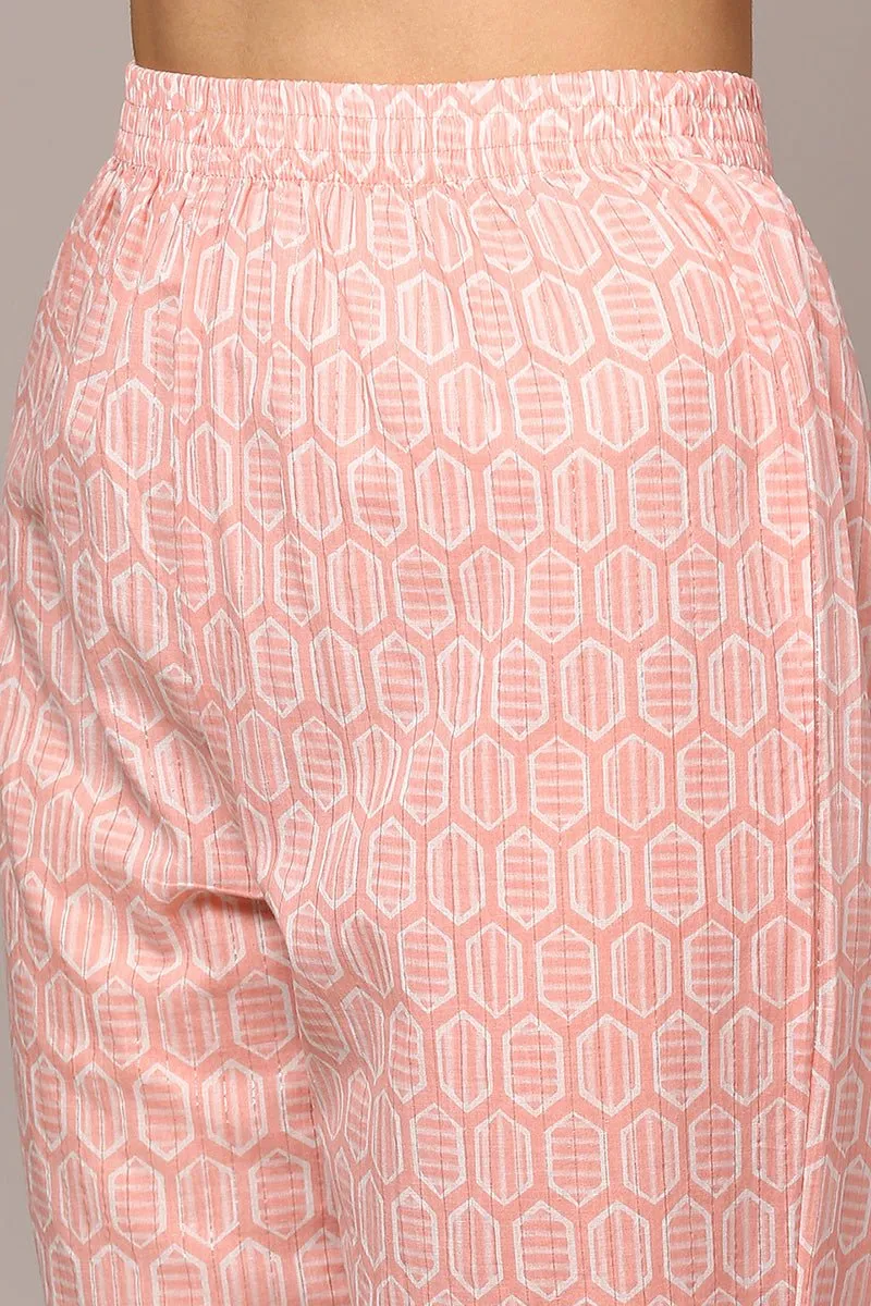 Ahika Pink Pure Cotton Embroidered Flared Suit Set