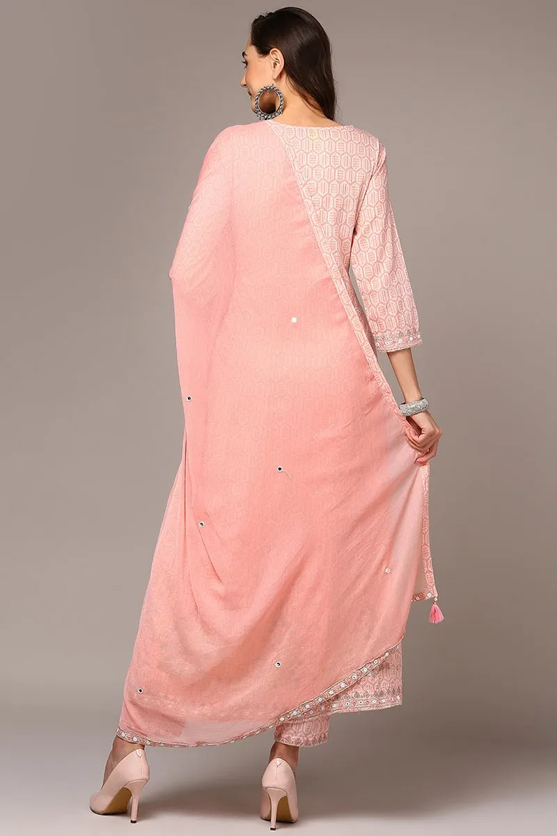 Ahika Pink Pure Cotton Embroidered Flared Suit Set