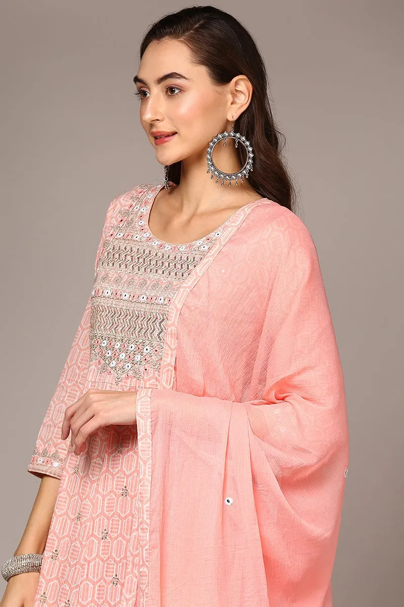 Ahika Pink Pure Cotton Embroidered Flared Suit Set