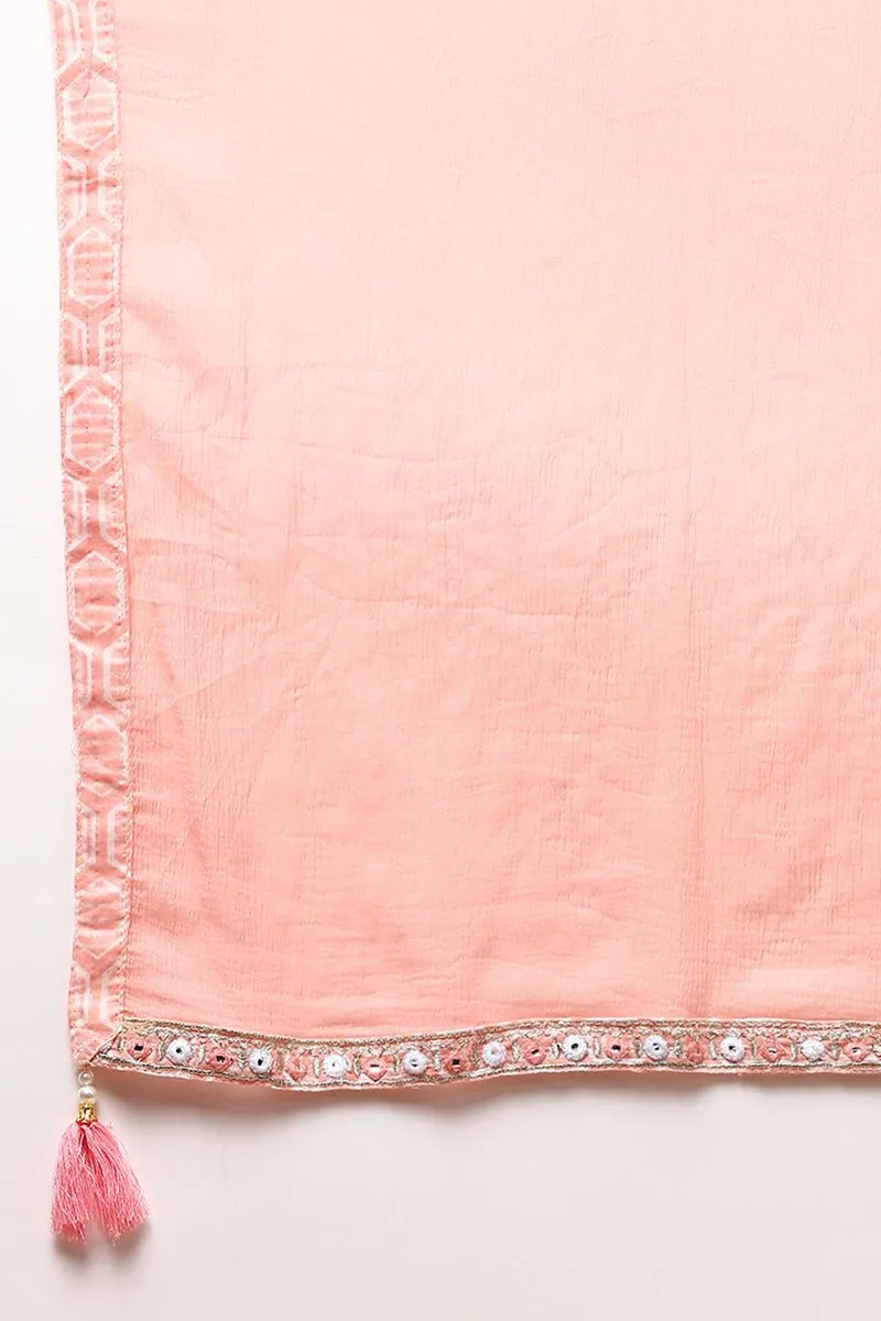 Ahika Pink Pure Cotton Embroidered Flared Suit Set