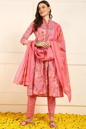 Ahika Pink Pure Cotton Floral Embroidered A-Line Suit Set
