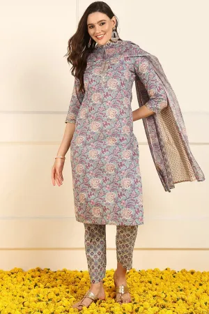 Ahika Violet Pure Cotton Floral Embroidered Straight Suit Set