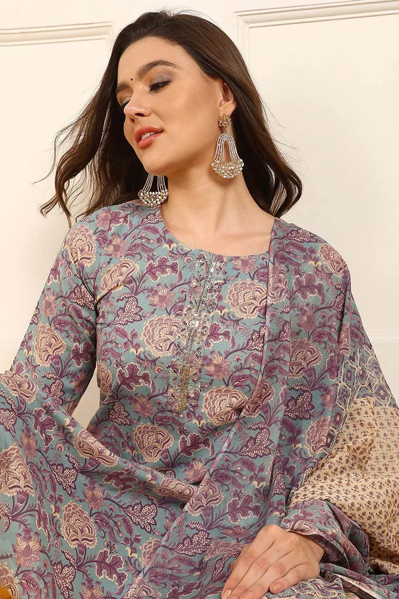 Ahika Violet Pure Cotton Floral Embroidered Straight Suit Set