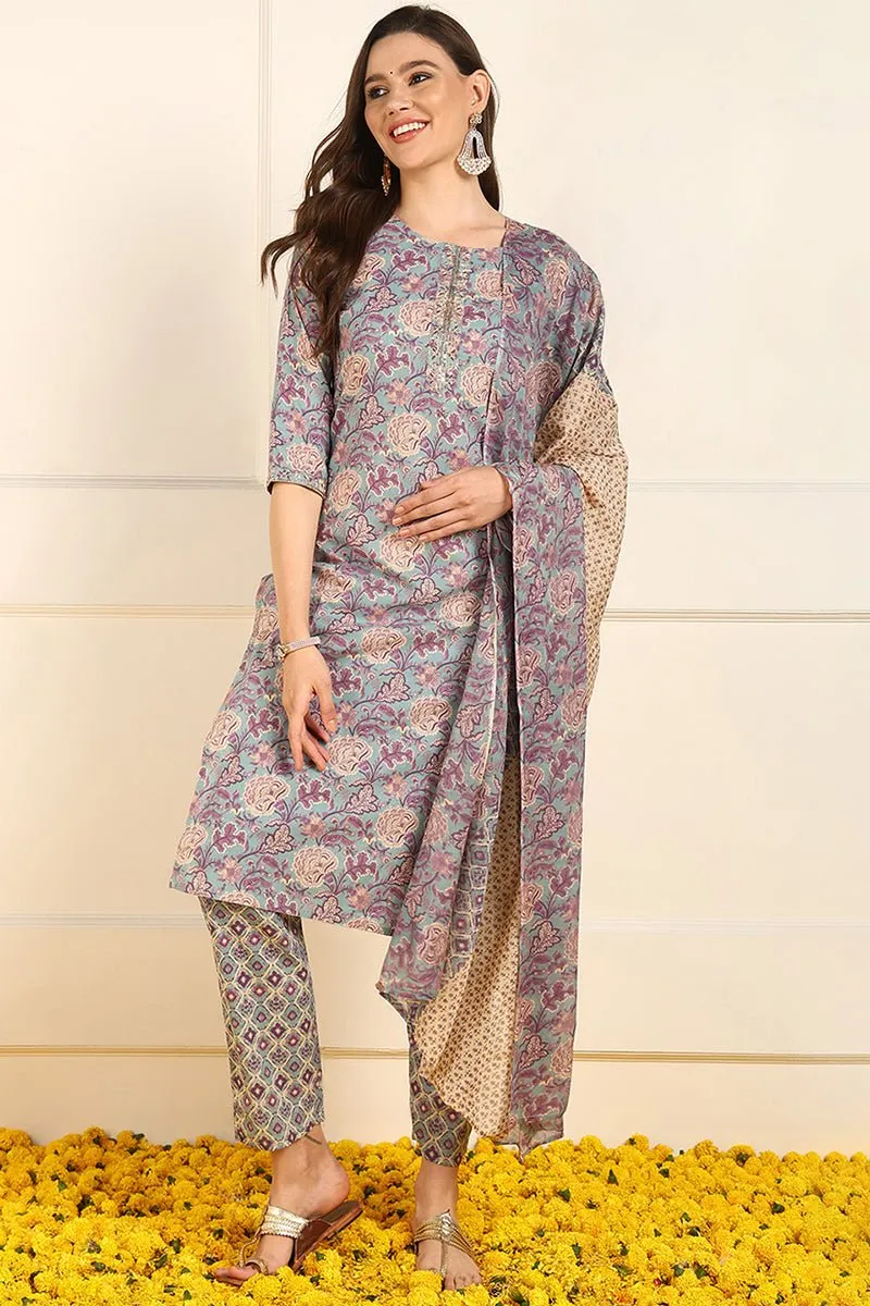 Ahika Violet Pure Cotton Floral Embroidered Straight Suit Set