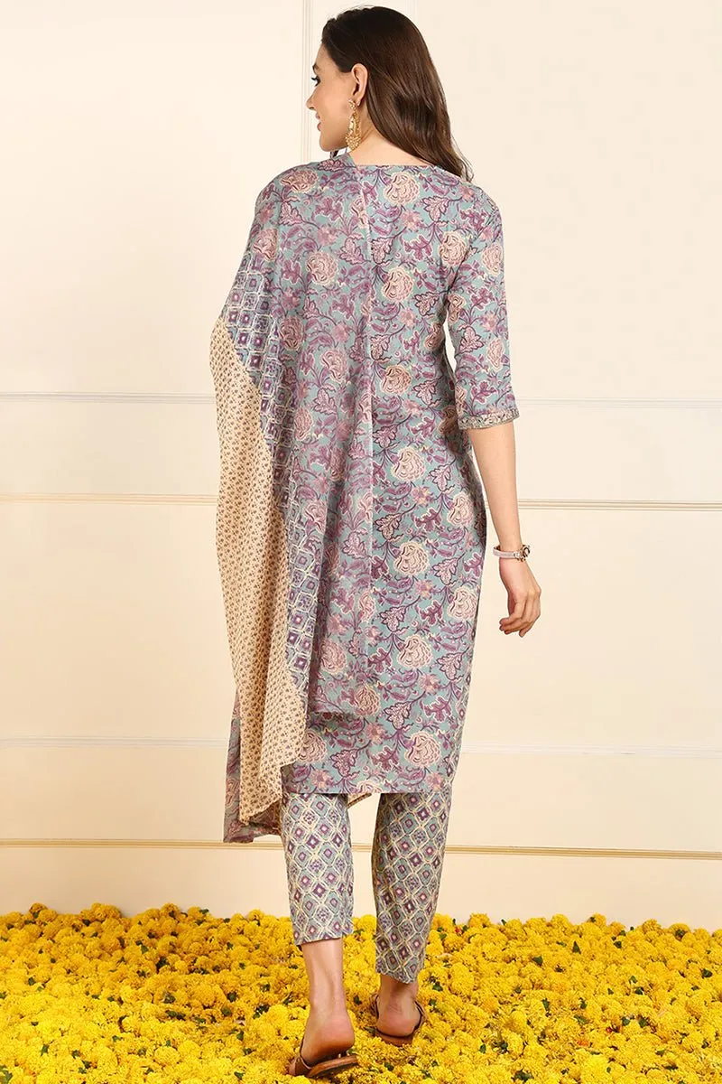 Ahika Violet Pure Cotton Floral Embroidered Straight Suit Set