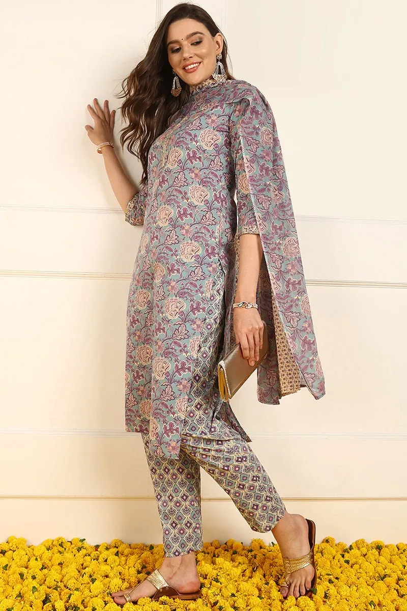 Ahika Violet Pure Cotton Floral Embroidered Straight Suit Set