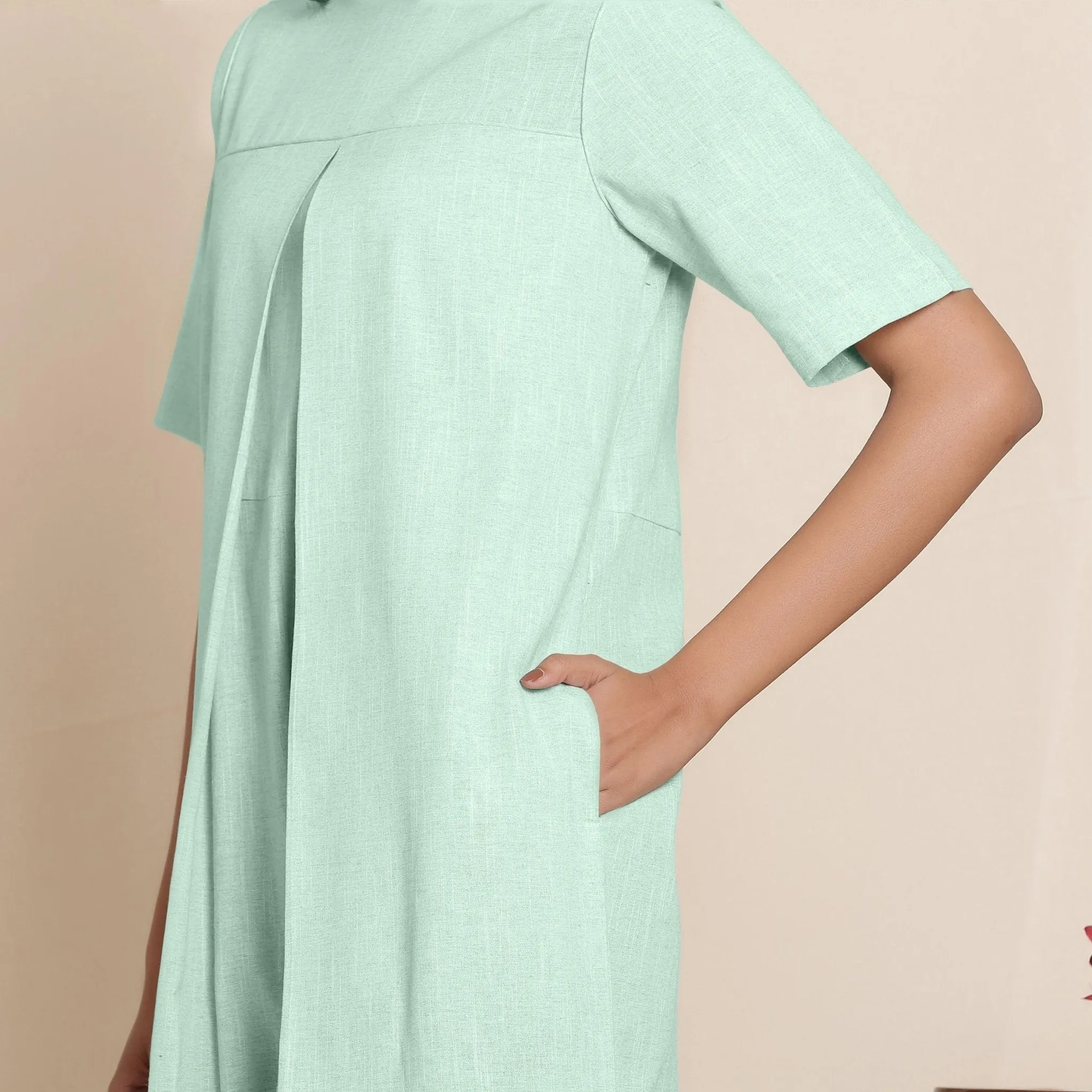 Aqua Cotton Box Pleated High Neck Midi Jumpsuit