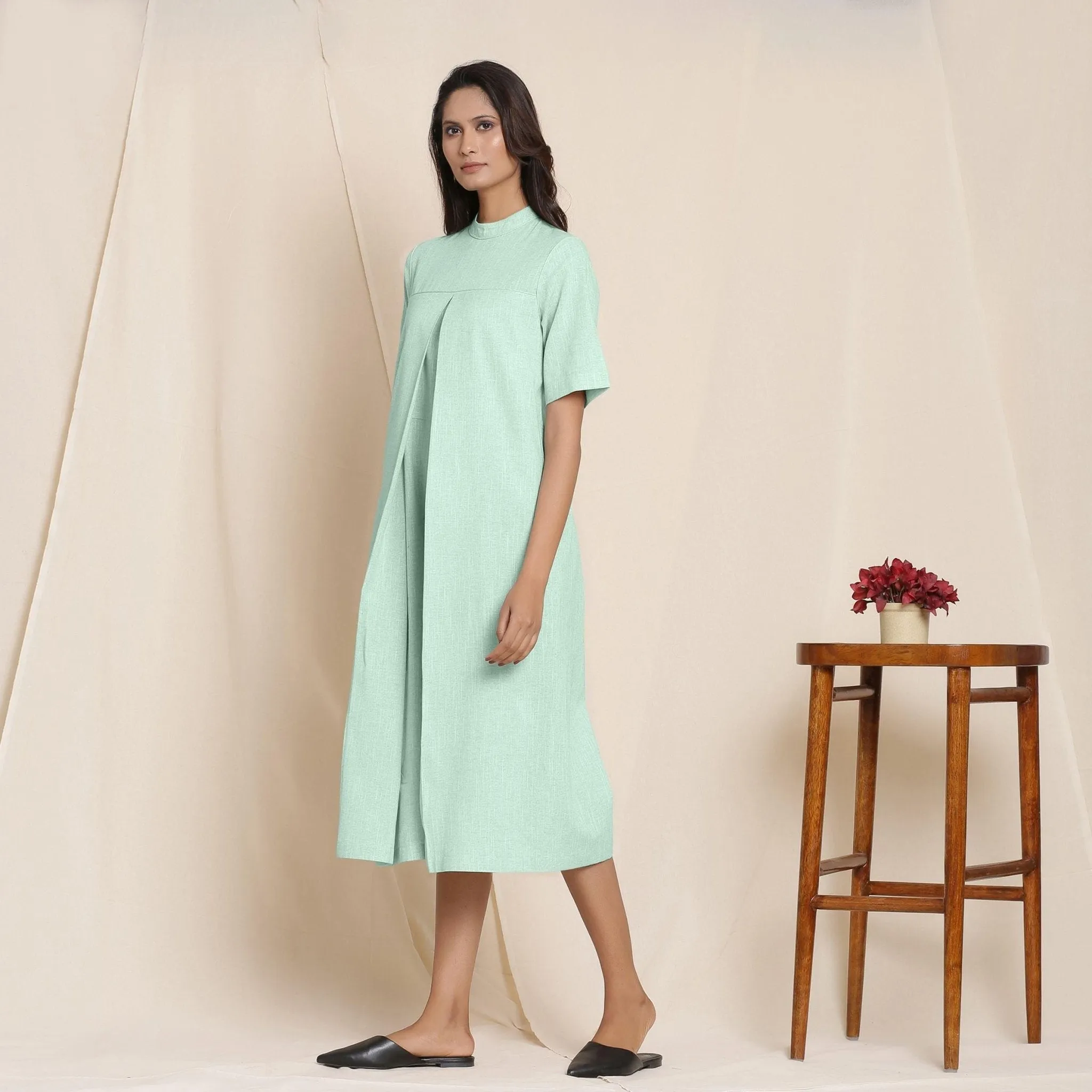 Aqua Cotton Box Pleated High Neck Midi Jumpsuit