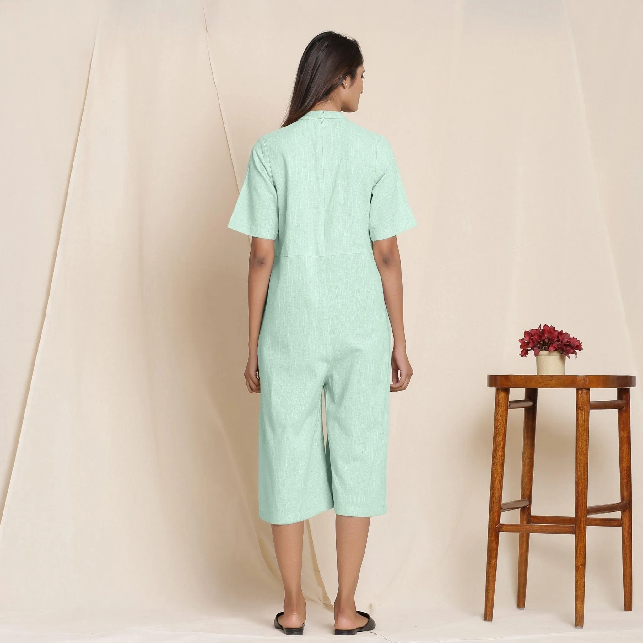 Aqua Cotton Box Pleated High Neck Midi Jumpsuit