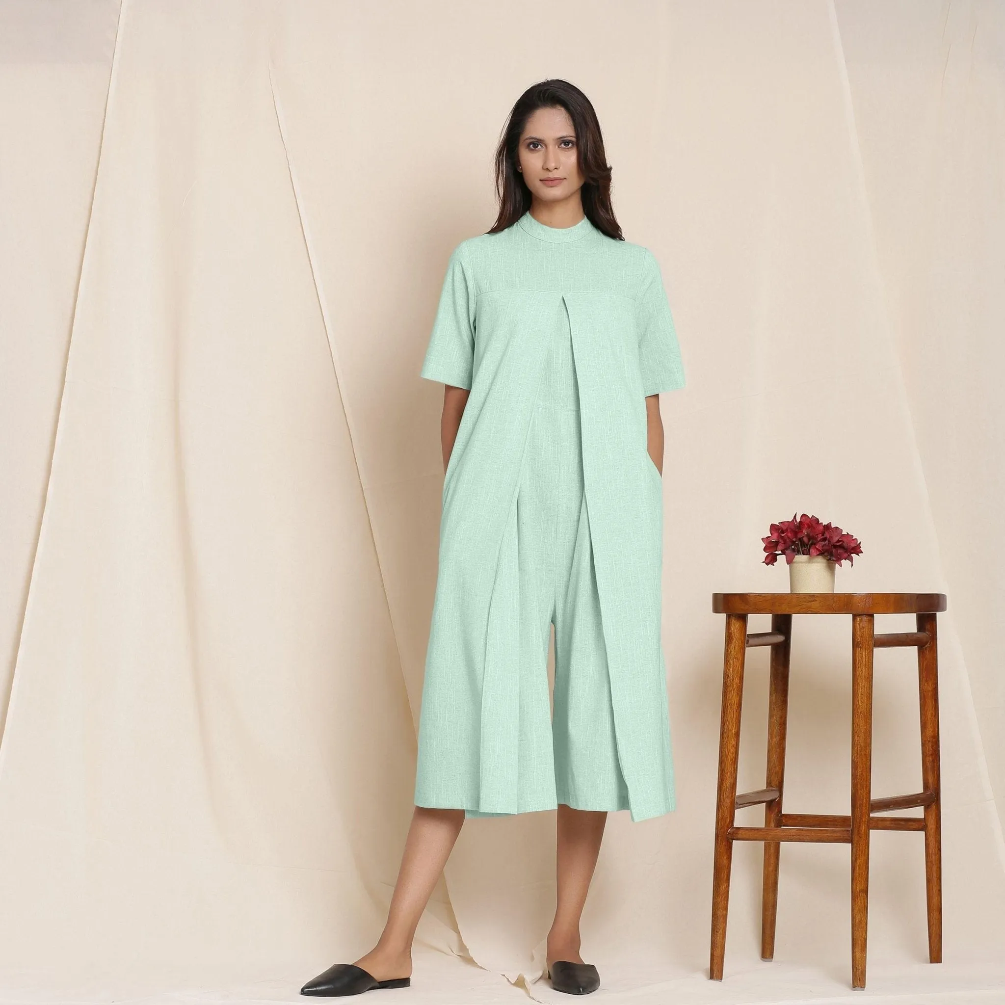 Aqua Cotton Box Pleated High Neck Midi Jumpsuit
