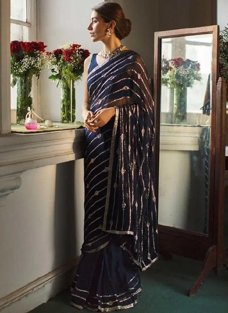 Attractive Blue Color With Sequence Work Saree