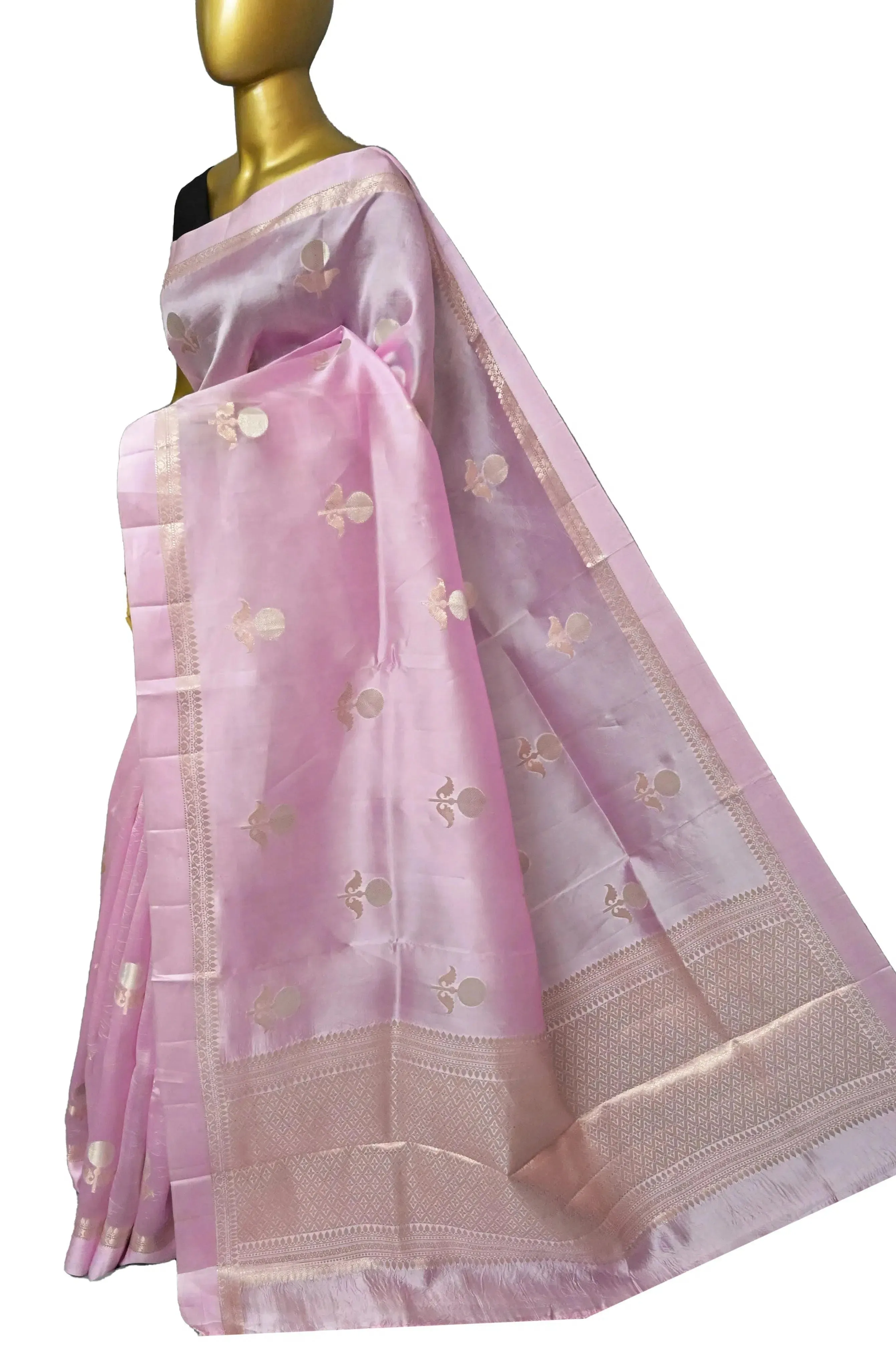 Baby Pink Color Pure Mango Silk Banarasi Saree with Silver and Golden Zari Butta Work