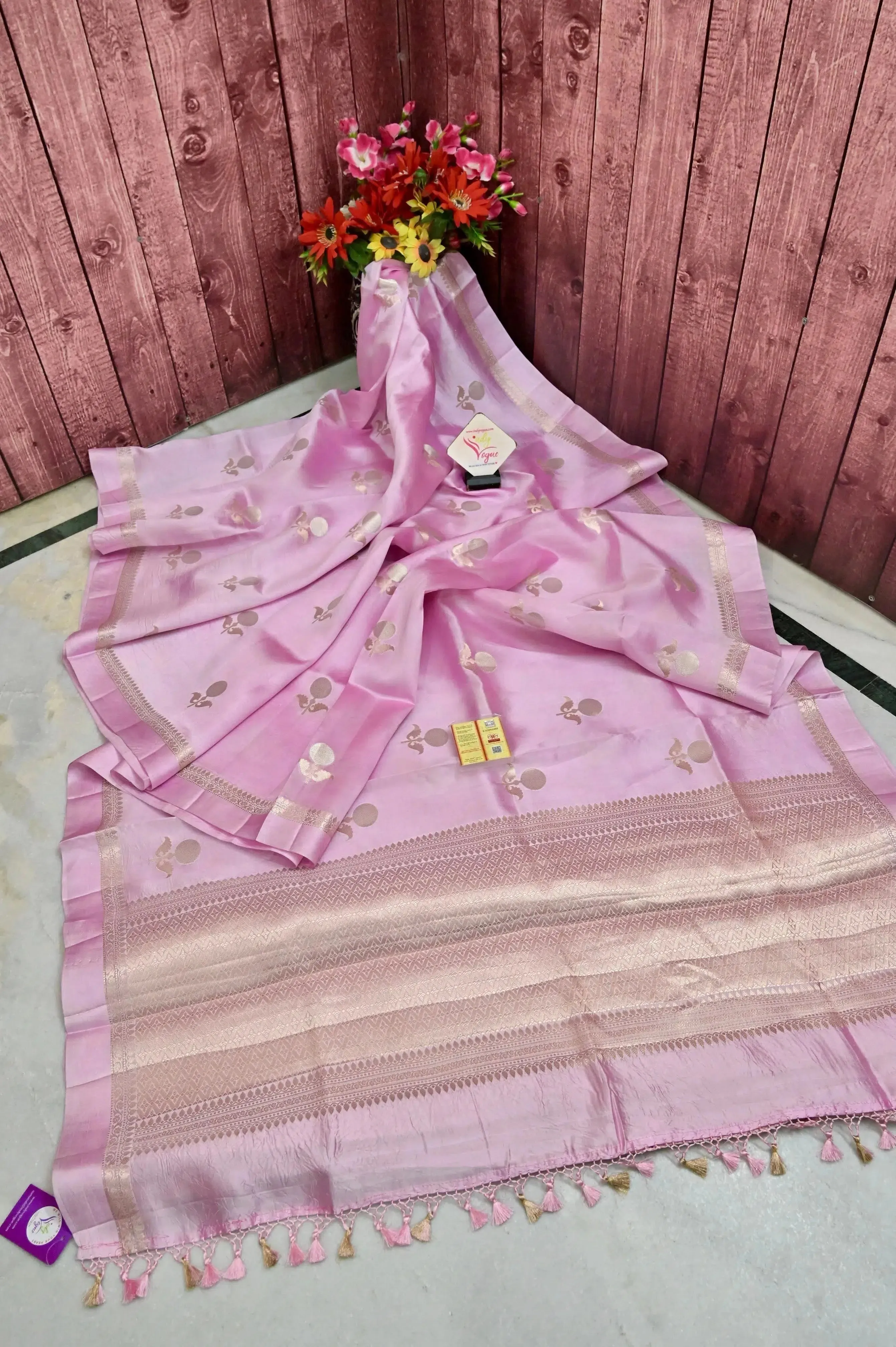 Baby Pink Color Pure Mango Silk Banarasi Saree with Silver and Golden Zari Butta Work