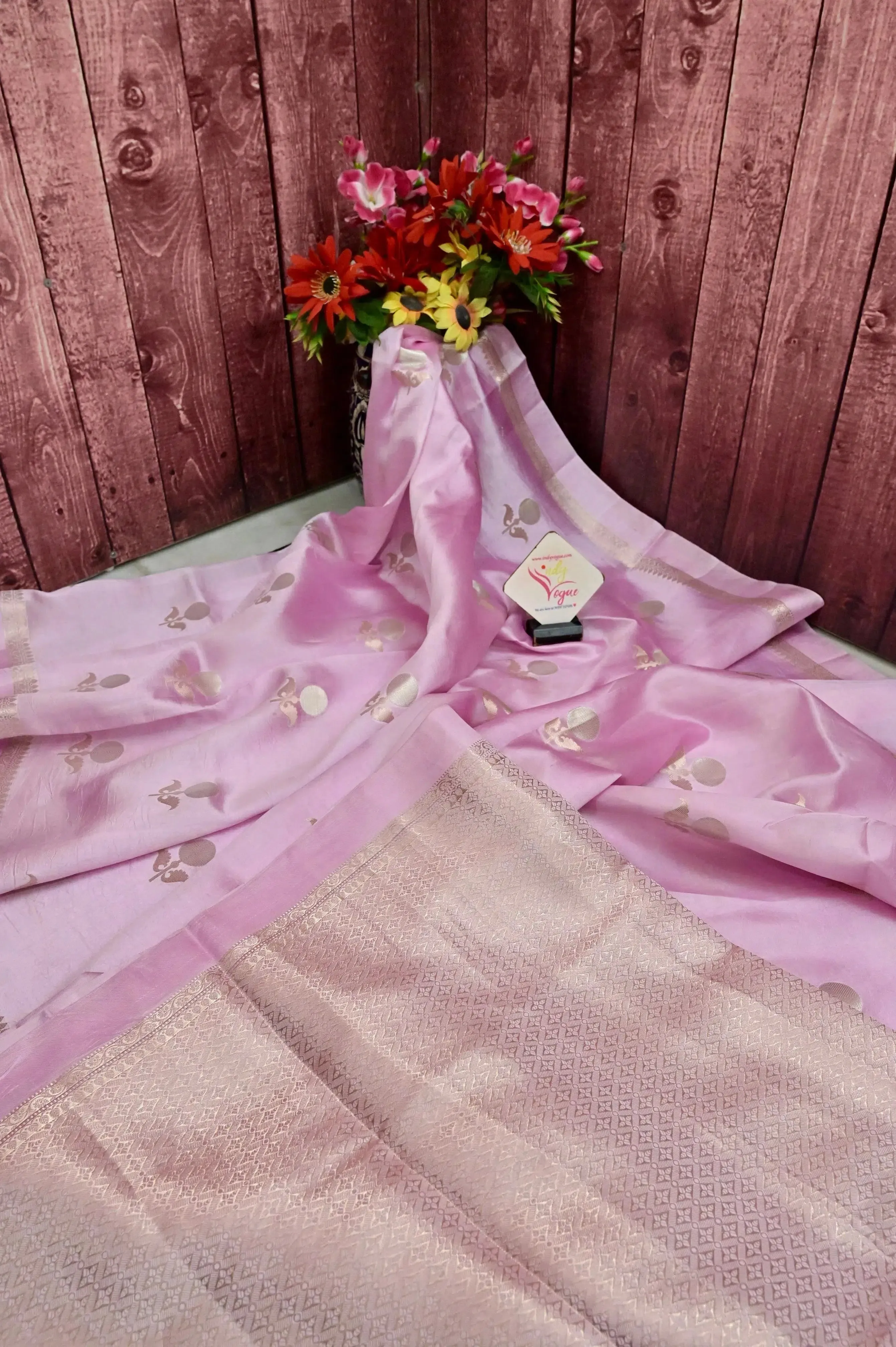 Baby Pink Color Pure Mango Silk Banarasi Saree with Silver and Golden Zari Butta Work