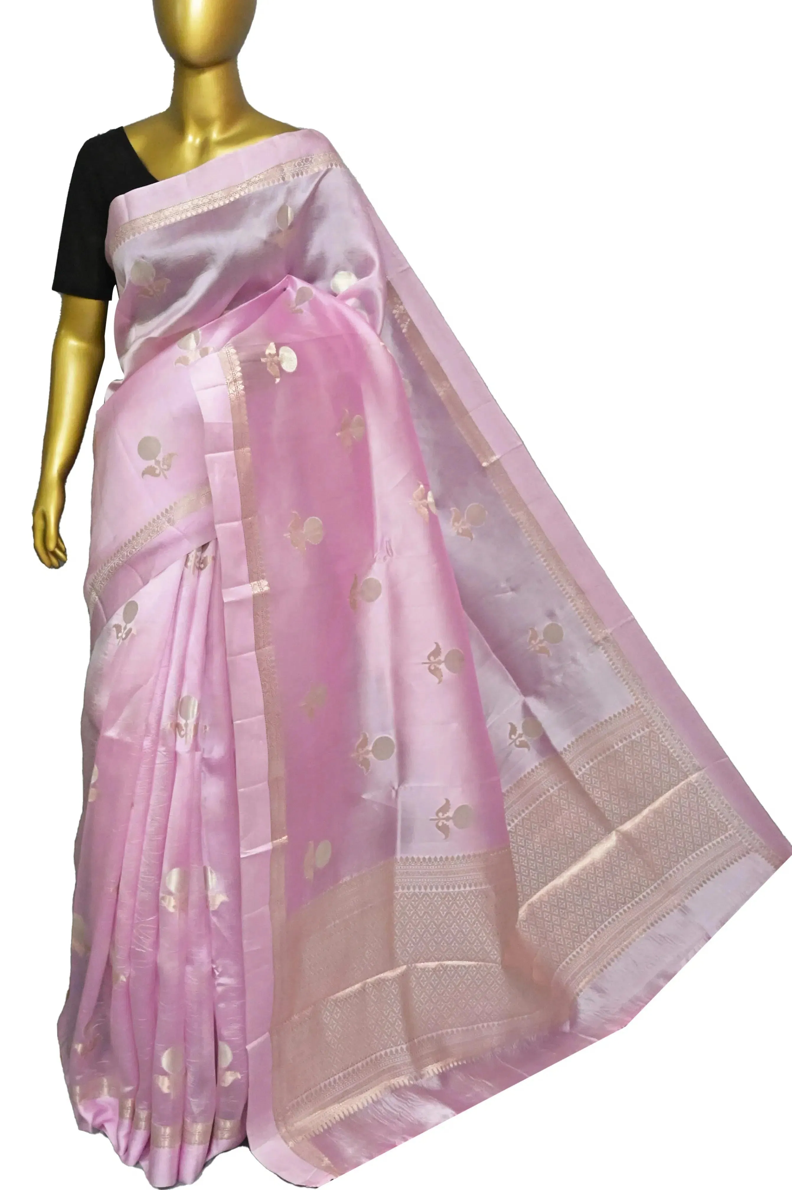 Baby Pink Color Pure Mango Silk Banarasi Saree with Silver and Golden Zari Butta Work