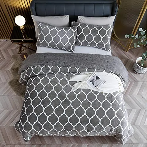 BESTCHIC Grey Sherpa Fleece Comforter Set Twin Size, Super Ultra Luxury Soft Plush Flannel Stylish Bedding Set, 2 Pieces Down Alternative Comforters with 1 Pillow Shams, 68 x 88 Inches