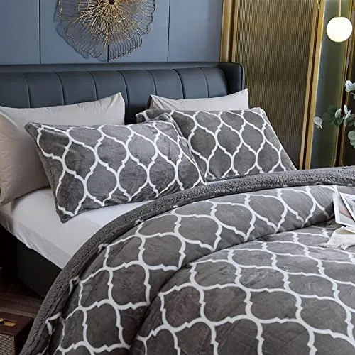 BESTCHIC Grey Sherpa Fleece Comforter Set Twin Size, Super Ultra Luxury Soft Plush Flannel Stylish Bedding Set, 2 Pieces Down Alternative Comforters with 1 Pillow Shams, 68 x 88 Inches