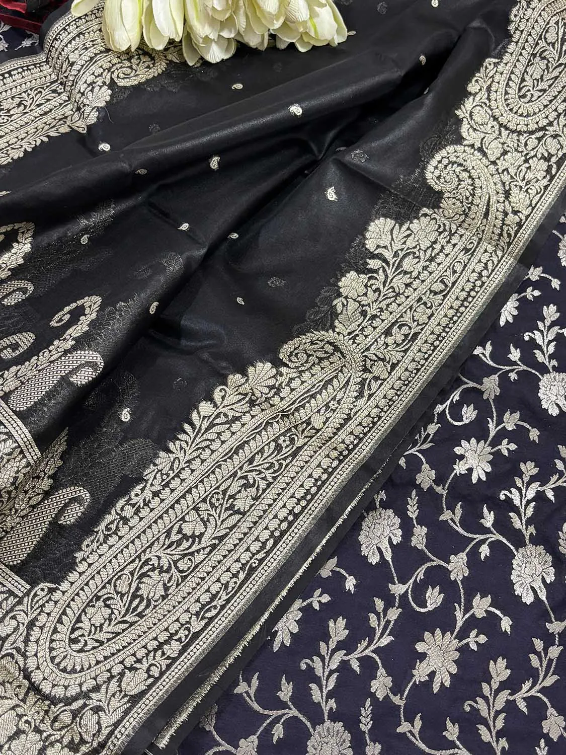 Black Banarasi Silk Suit With Black Banarasi Organza Silk Dupatta