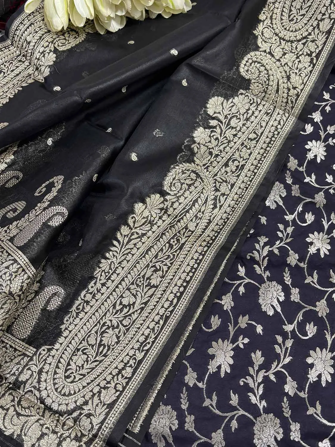 Black Banarasi Silk Suit With Black Banarasi Organza Silk Dupatta