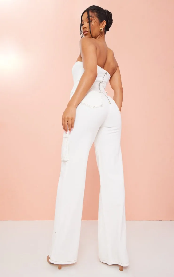 Black Coated Cargo Pocket Bandeau Denim Jumpsuit