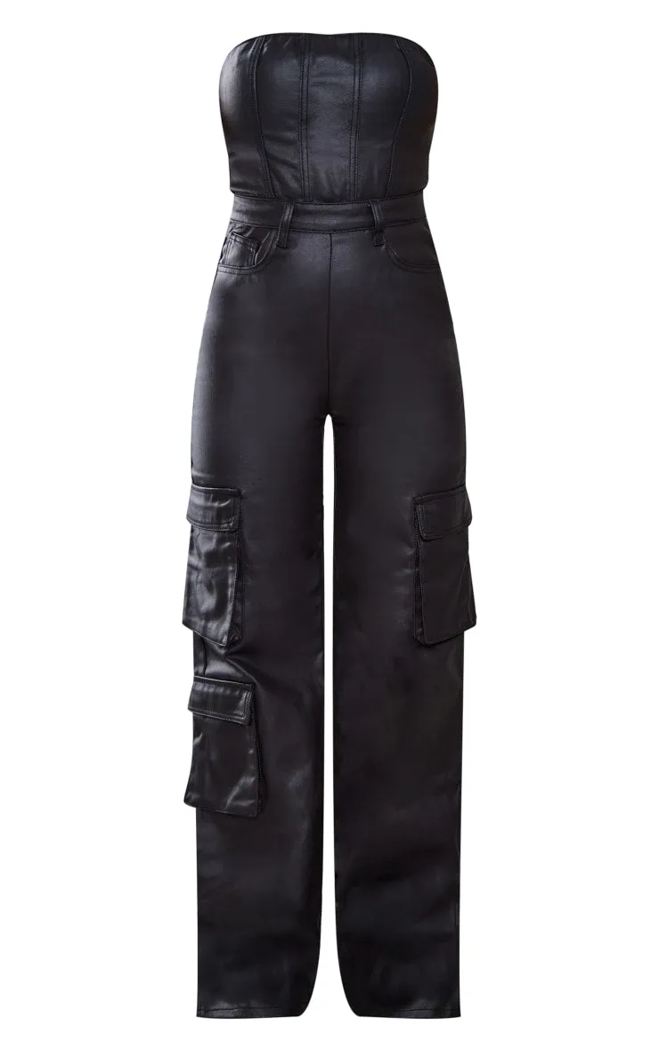 Black Coated Cargo Pocket Bandeau Denim Jumpsuit
