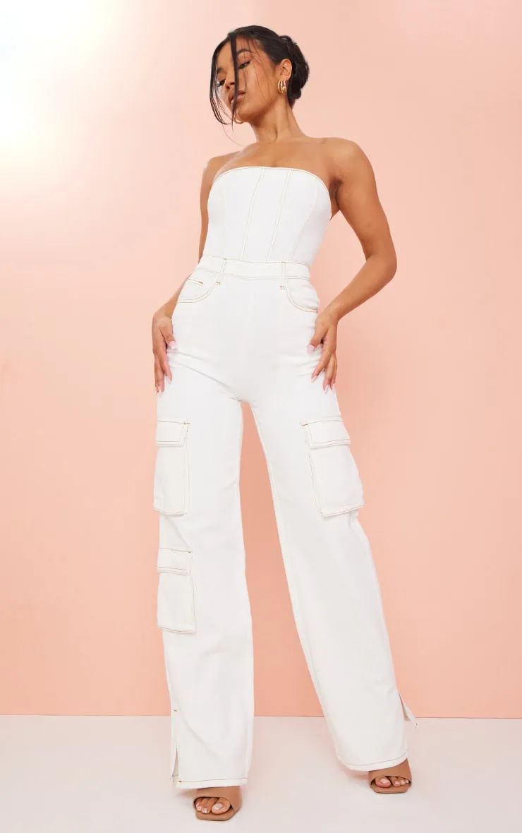 Black Coated Cargo Pocket Bandeau Denim Jumpsuit