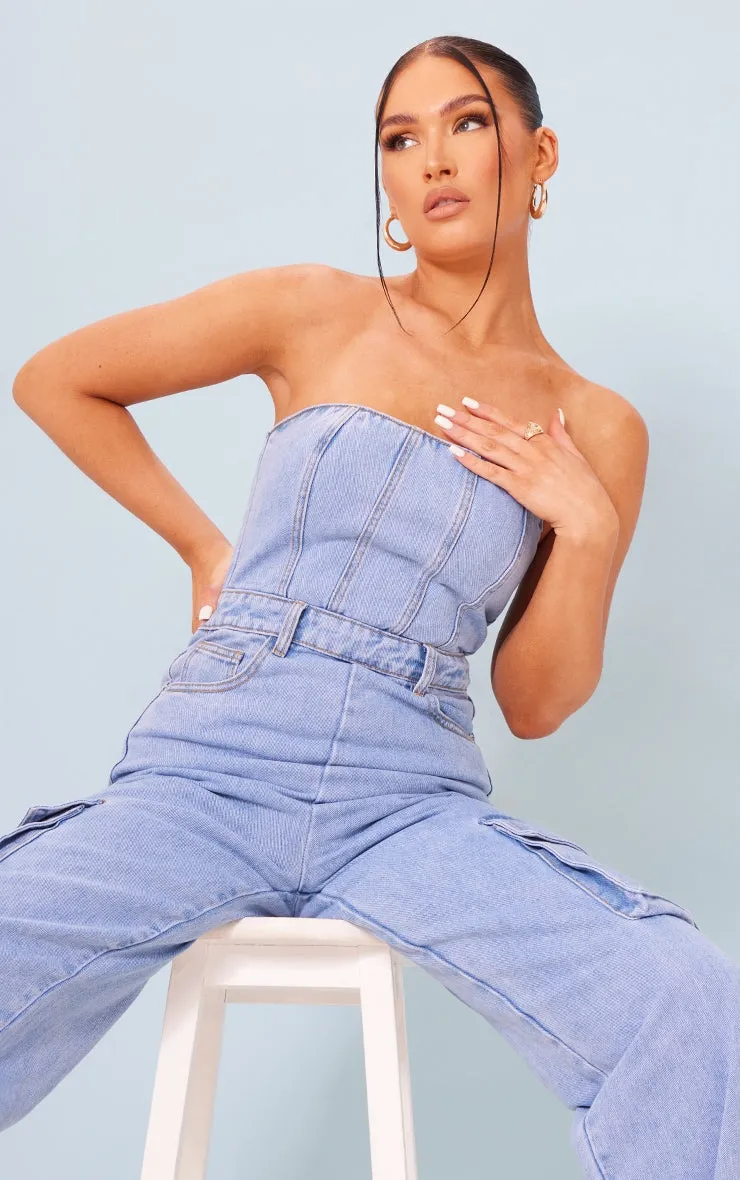 Black Coated Cargo Pocket Bandeau Denim Jumpsuit