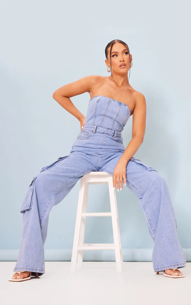 Black Coated Cargo Pocket Bandeau Denim Jumpsuit