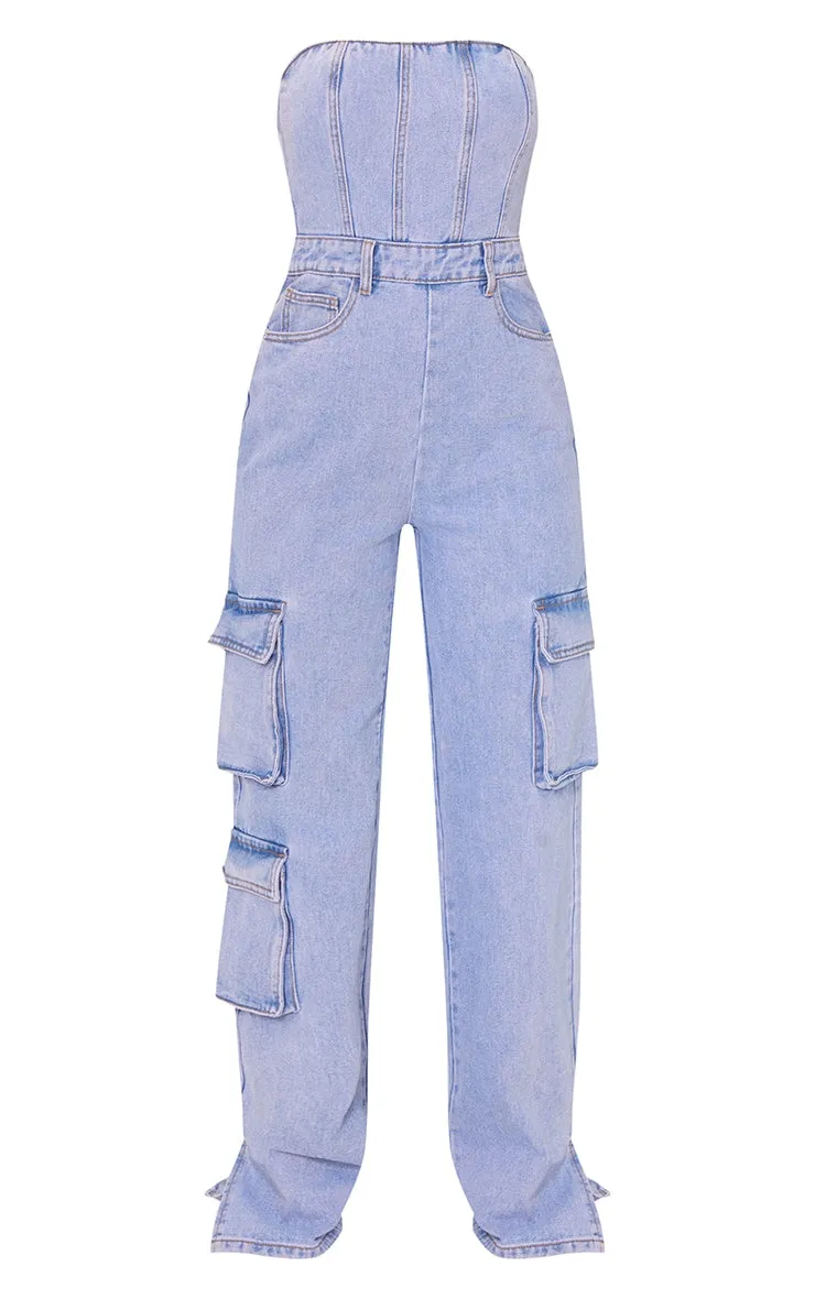 Black Coated Cargo Pocket Bandeau Denim Jumpsuit
