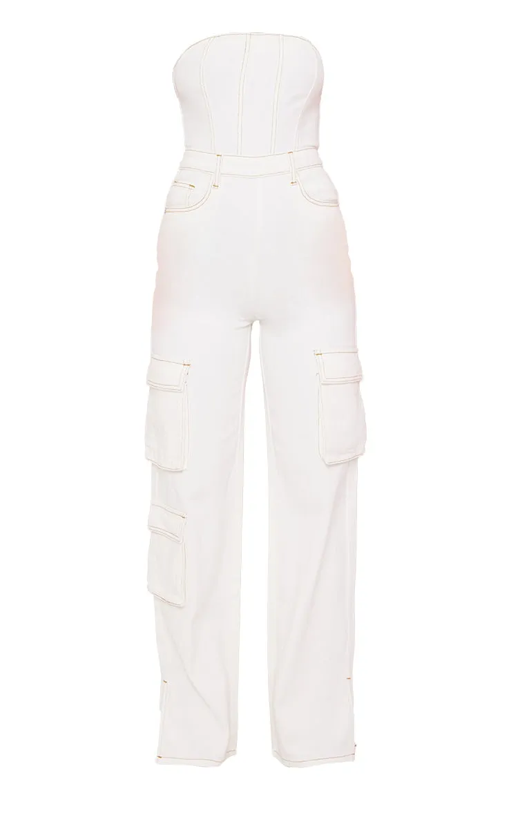 Black Coated Cargo Pocket Bandeau Denim Jumpsuit