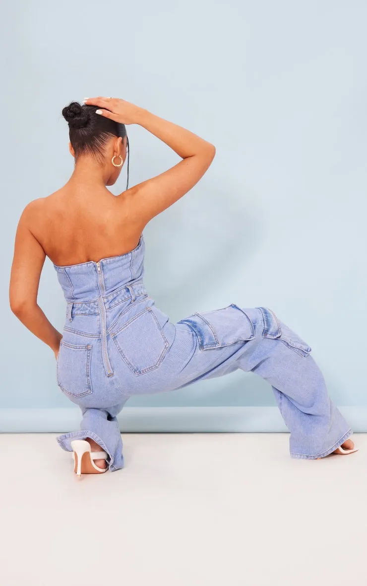 Black Coated Cargo Pocket Bandeau Denim Jumpsuit