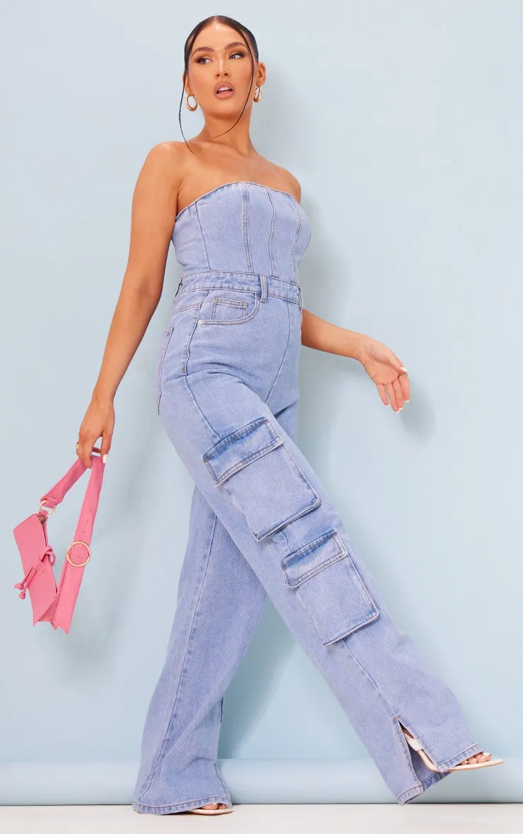 Black Coated Cargo Pocket Bandeau Denim Jumpsuit
