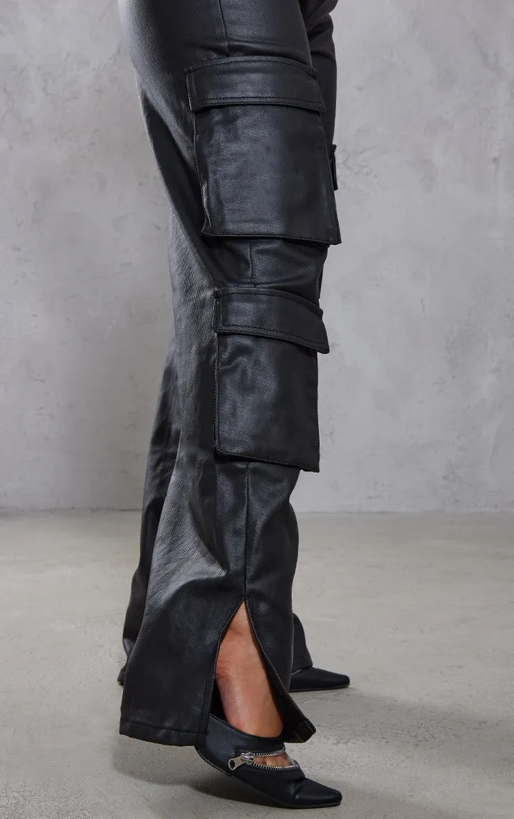 Black Coated Cargo Pocket Bandeau Denim Jumpsuit