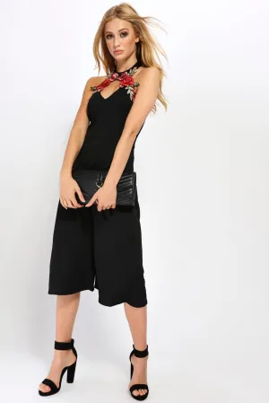 Black Halterneck Rose Embroidered Mini Jumpsuit