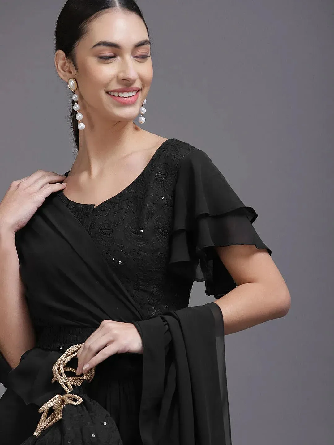 Black Solid Georgette Ready to Wear Saree With Potli