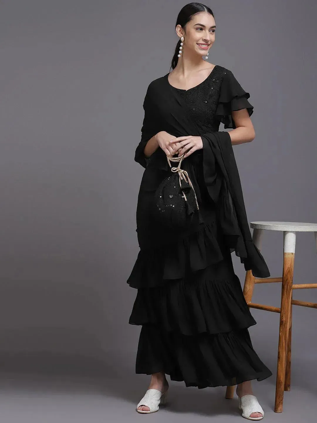 Black Solid Georgette Ready to Wear Saree With Potli