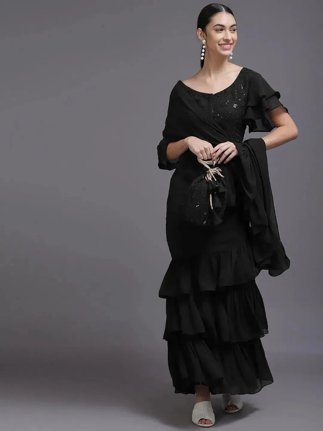 Black Solid Georgette Ready to Wear Saree With Potli
