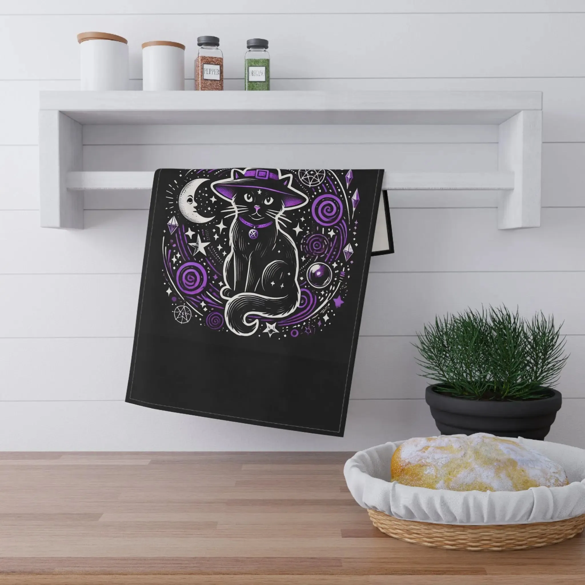 Cat Witch - Purple and Black - Halloween Kitchen Towel