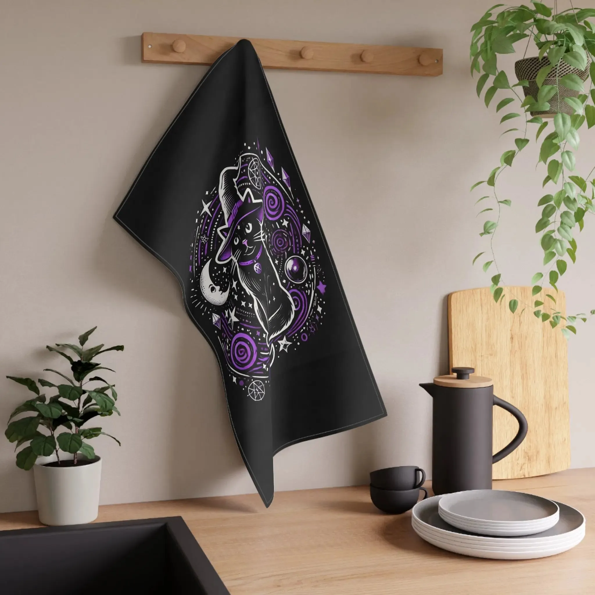 Cat Witch - Purple and Black - Halloween Kitchen Towel