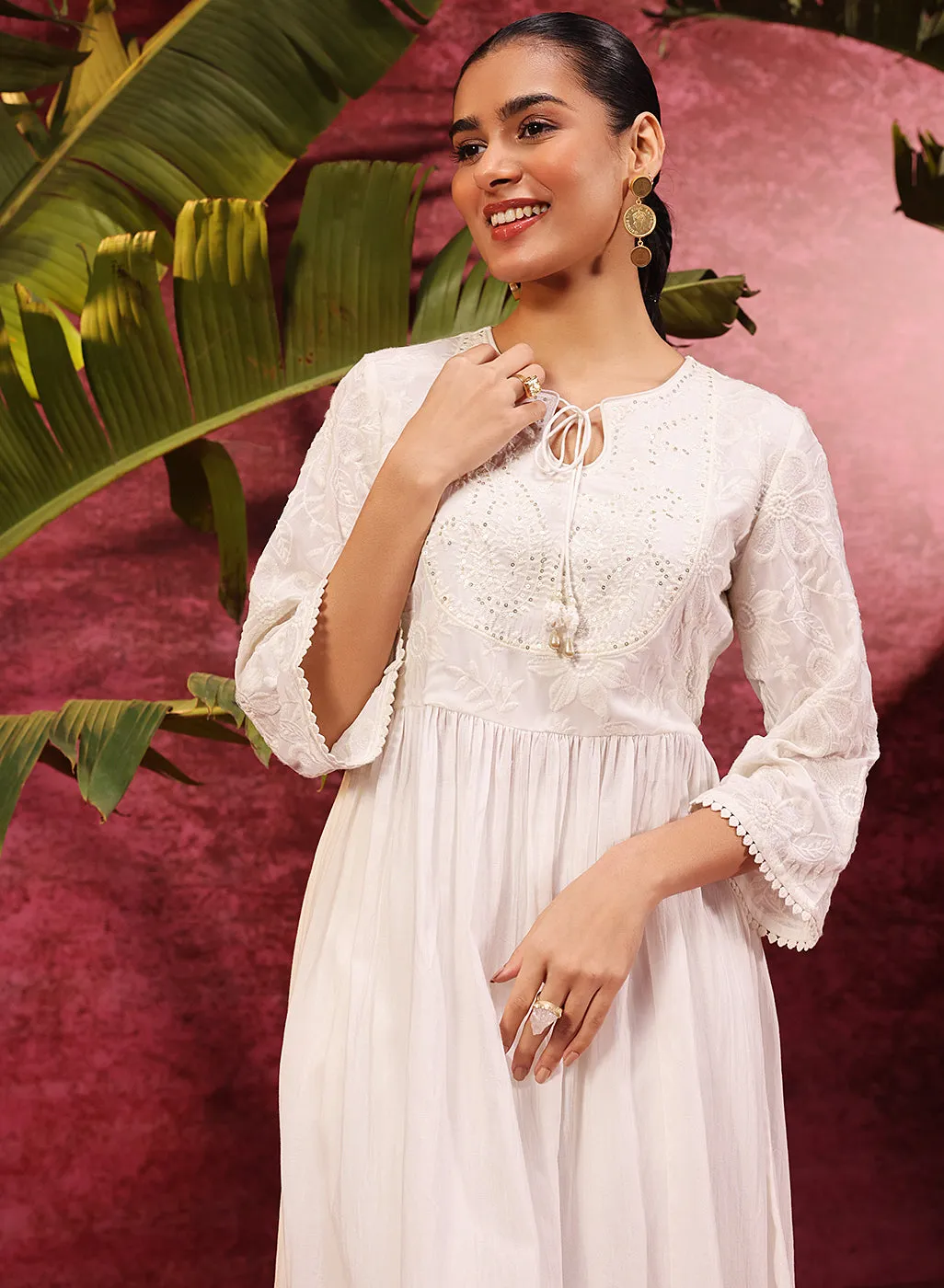 Chandni Ivory Embroidered Crinkled Viscose Georgette Designer Kurti for Women