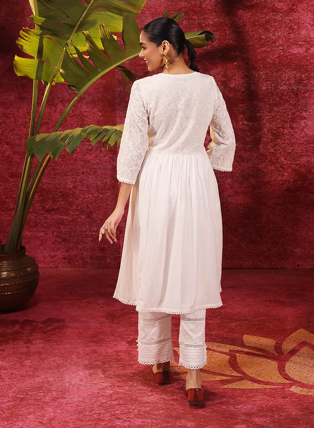 Chandni Ivory Embroidered Crinkled Viscose Georgette Designer Kurti for Women