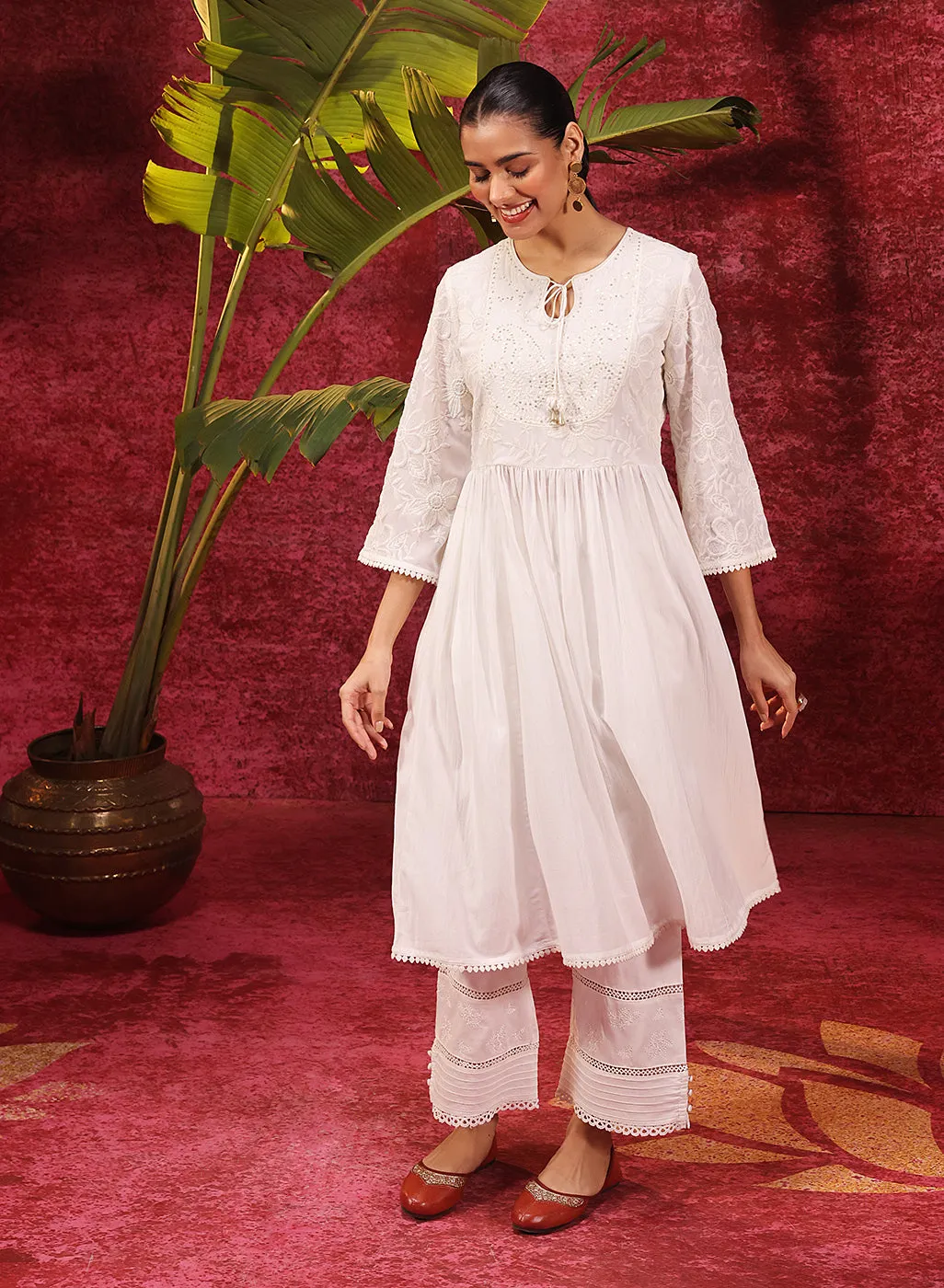 Chandni Ivory Embroidered Crinkled Viscose Georgette Designer Kurti for Women