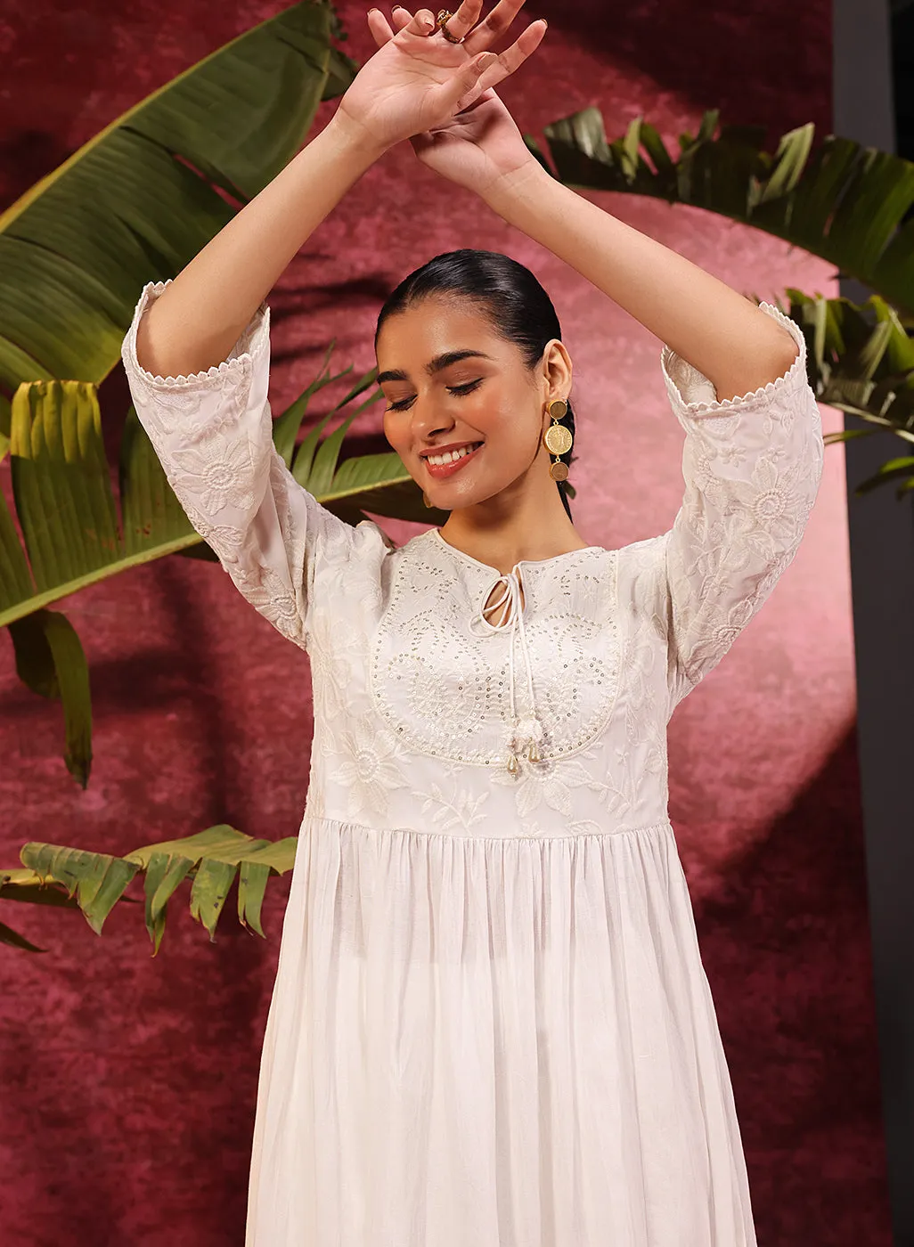 Chandni Ivory Embroidered Crinkled Viscose Georgette Designer Kurti for Women