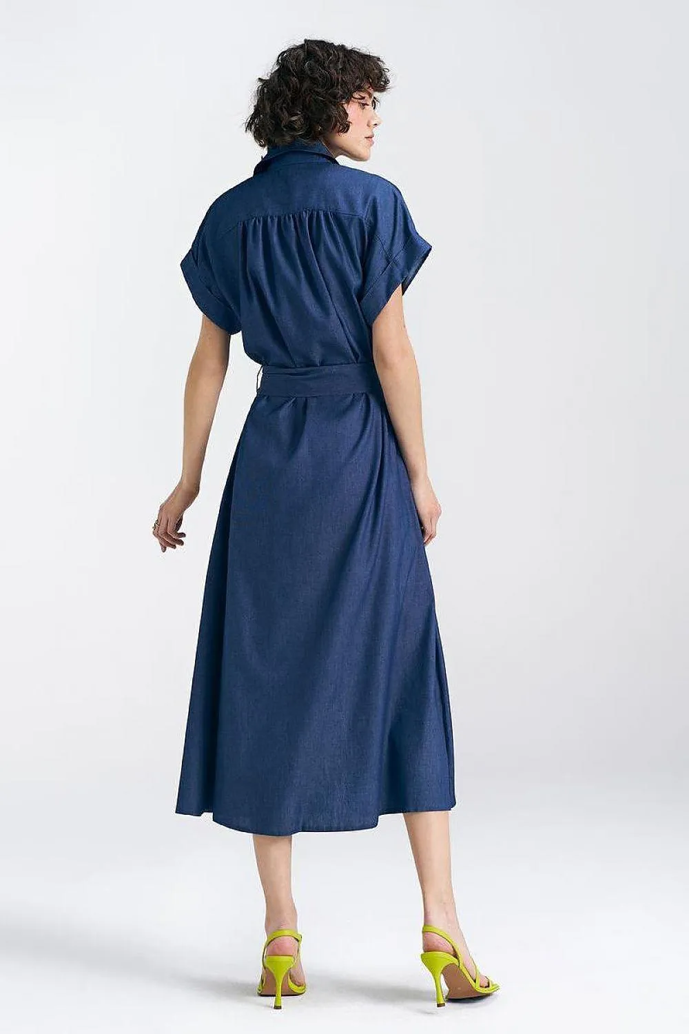 Chic Cotton Denim Midi Dress with Kimono Sleeves and Snap Closure