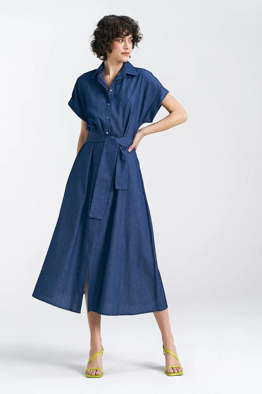 Chic Cotton Denim Midi Dress with Kimono Sleeves and Snap Closure