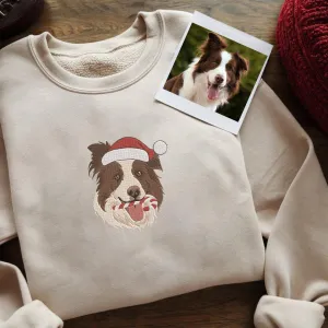 Christmas Personalized Embroidered Pet Dog Cat Sweatshirt, Custom Pet Portrait With Names On Sleeve