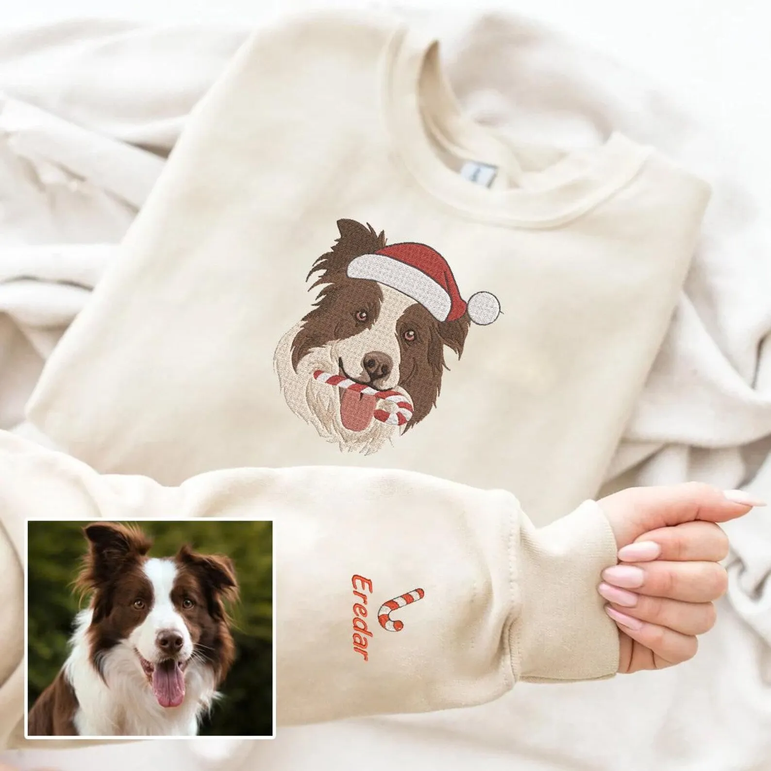 Christmas Personalized Embroidered Pet Dog Cat Sweatshirt, Custom Pet Portrait With Names On Sleeve
