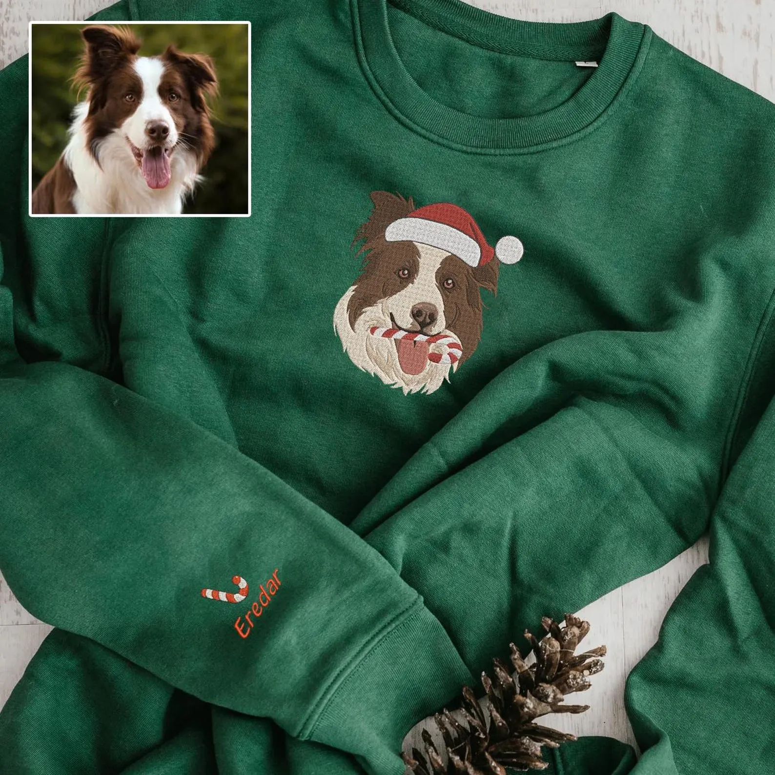Christmas Personalized Embroidered Pet Dog Cat Sweatshirt, Custom Pet Portrait With Names On Sleeve